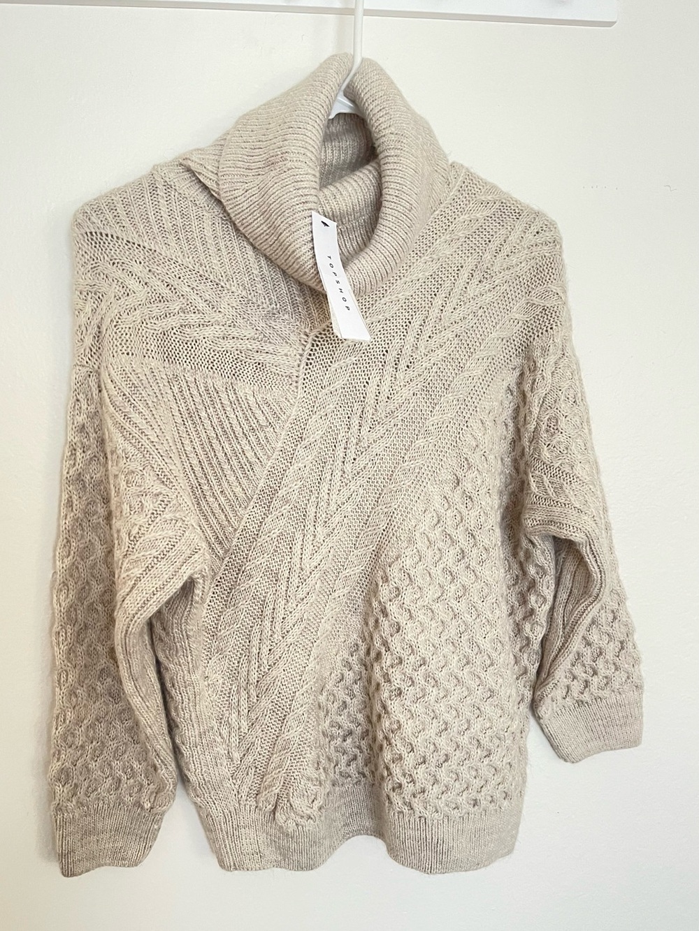 Topshop Neutral Beige Cable Knit Turtleneck Sweater